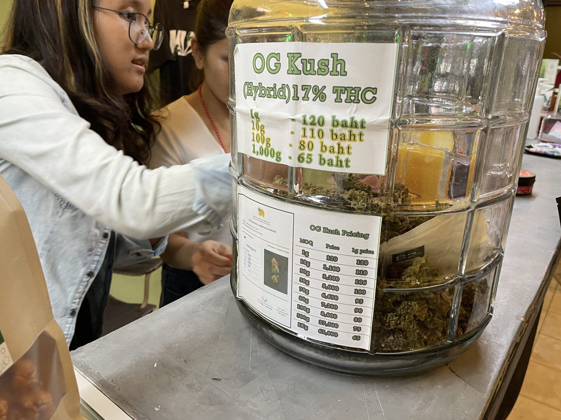 let's High 420店內大麻品種價目表，最低1g只要120泰銖
