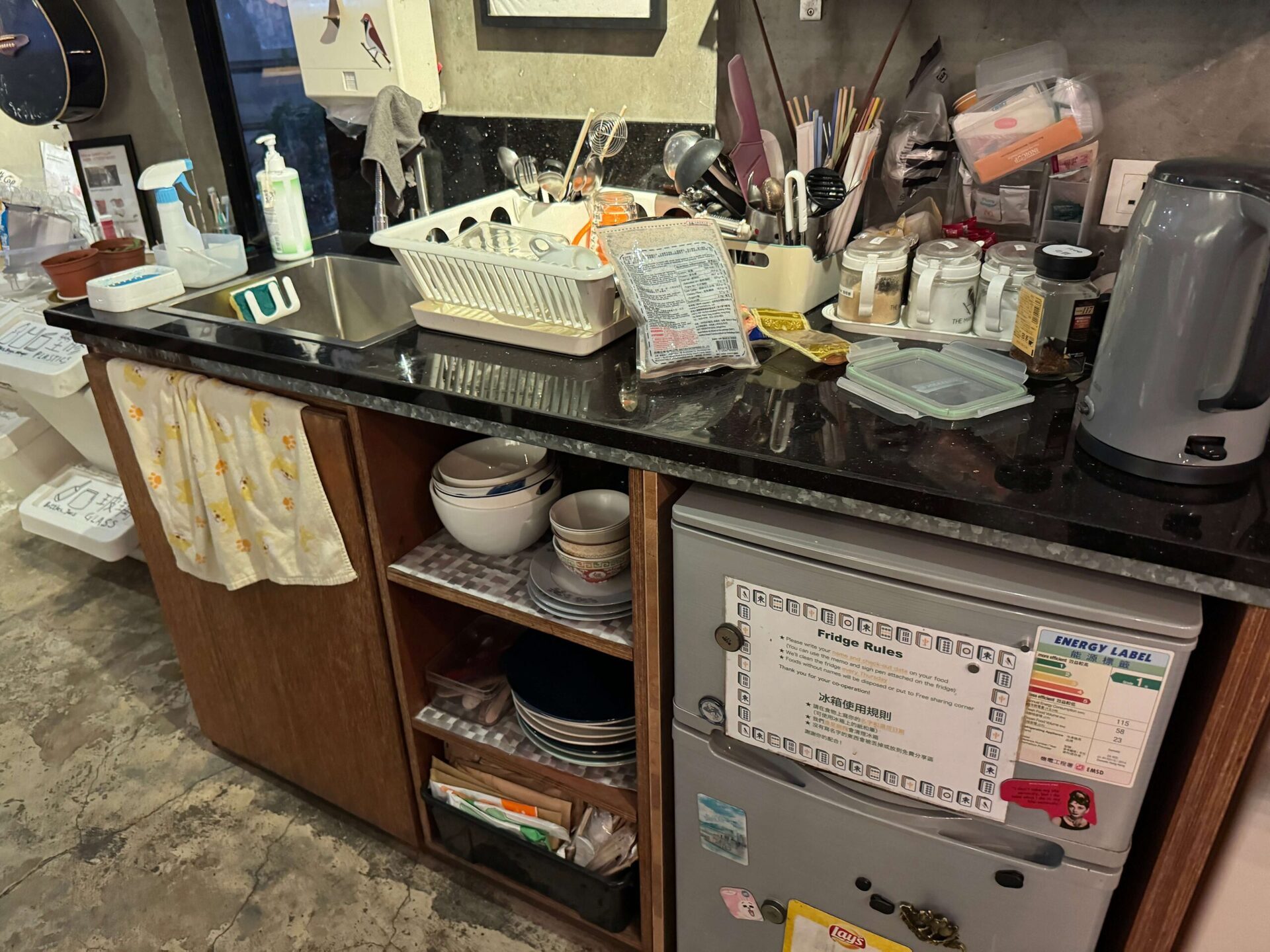 共用廚房流理台洗碗區與冰箱配置