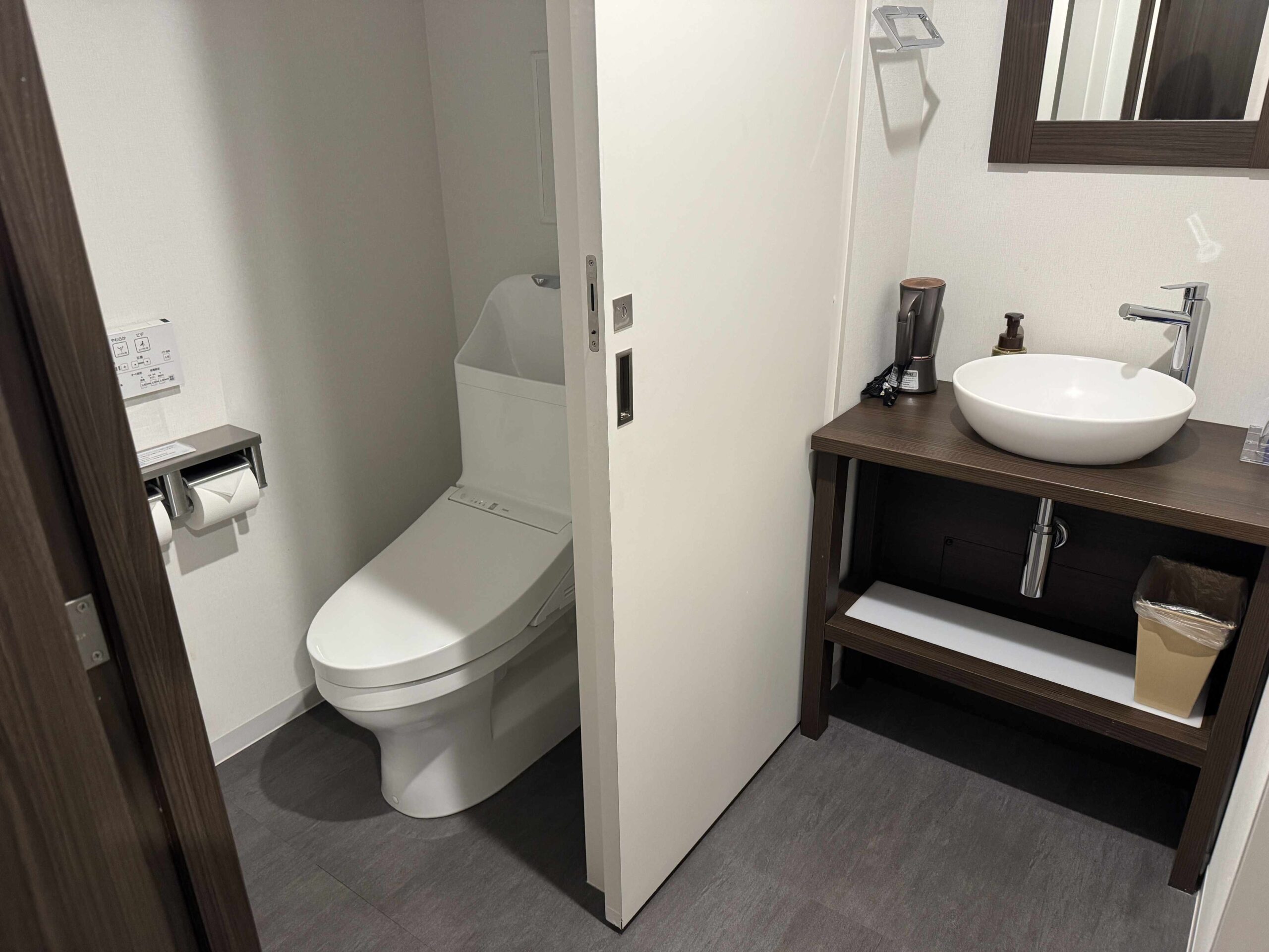 三點分離衛浴的拉門隔間配置，TOTO免治馬桶與圓形陶瓷洗手盆